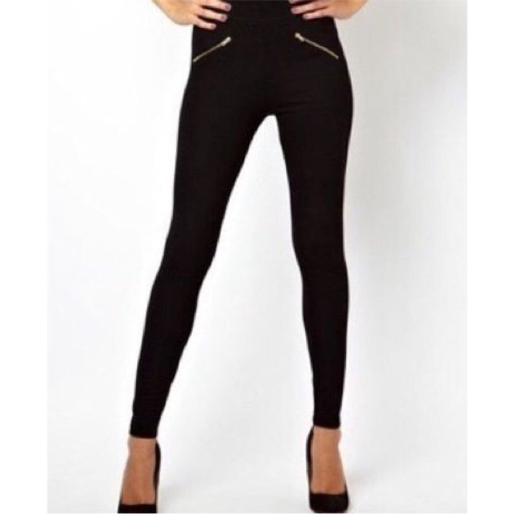 ZARA | Silver Zipper Accent Black Moto Leggings Pull On Style Women’s Size M
